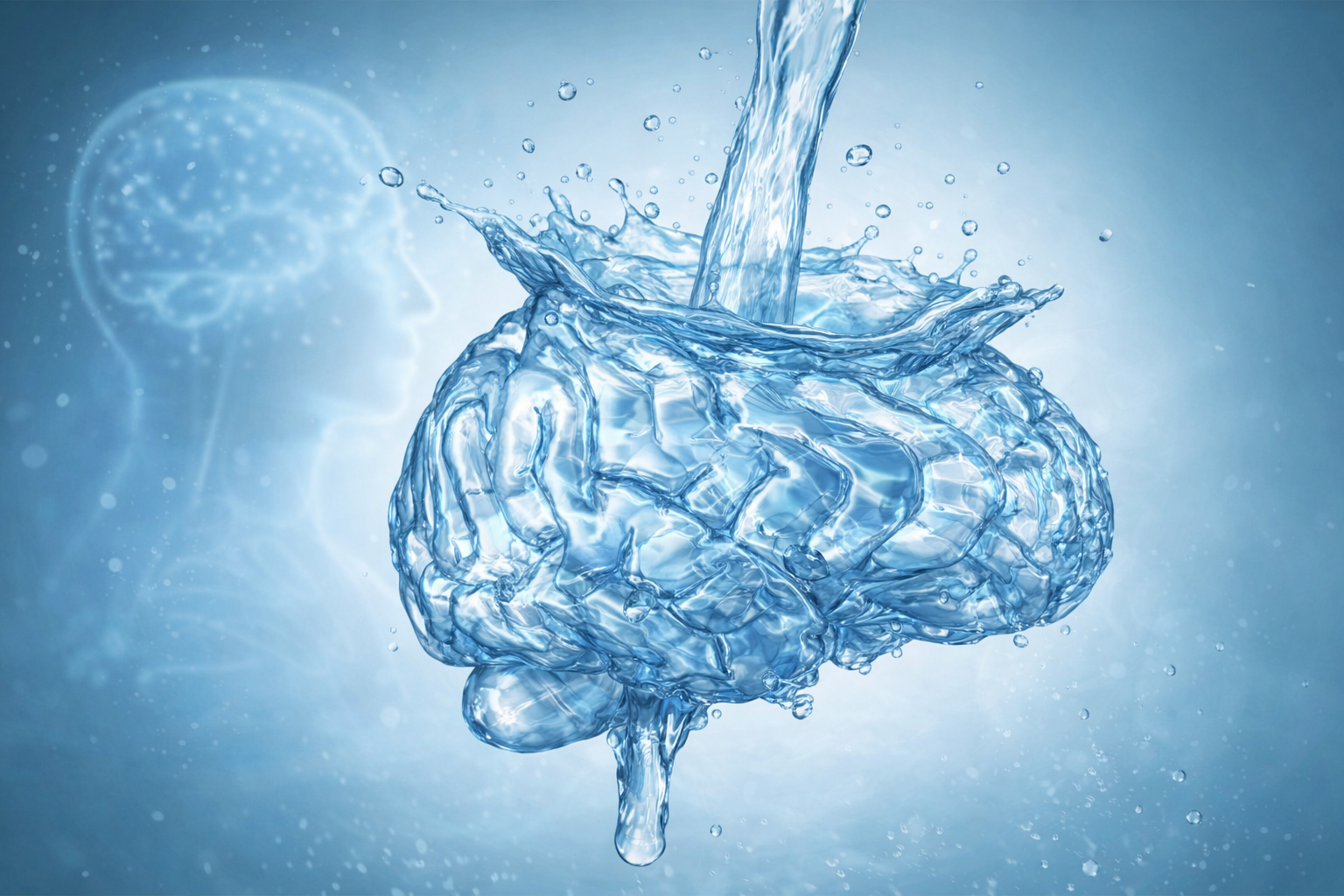 Illustration av hjärna gjord av vatten som symboliserar hur hydrering påverkar hjärnans funktion